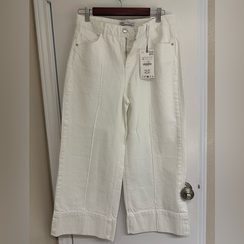 Zara Cream Wide-Leg Cropped Pants